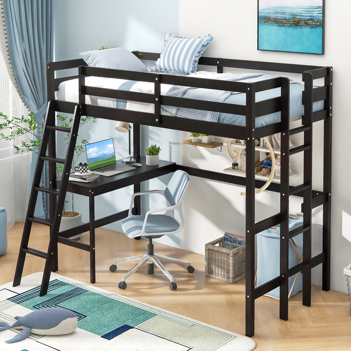 Estructura de cama alta individual con escritorio en ángulo y escalera incorporada