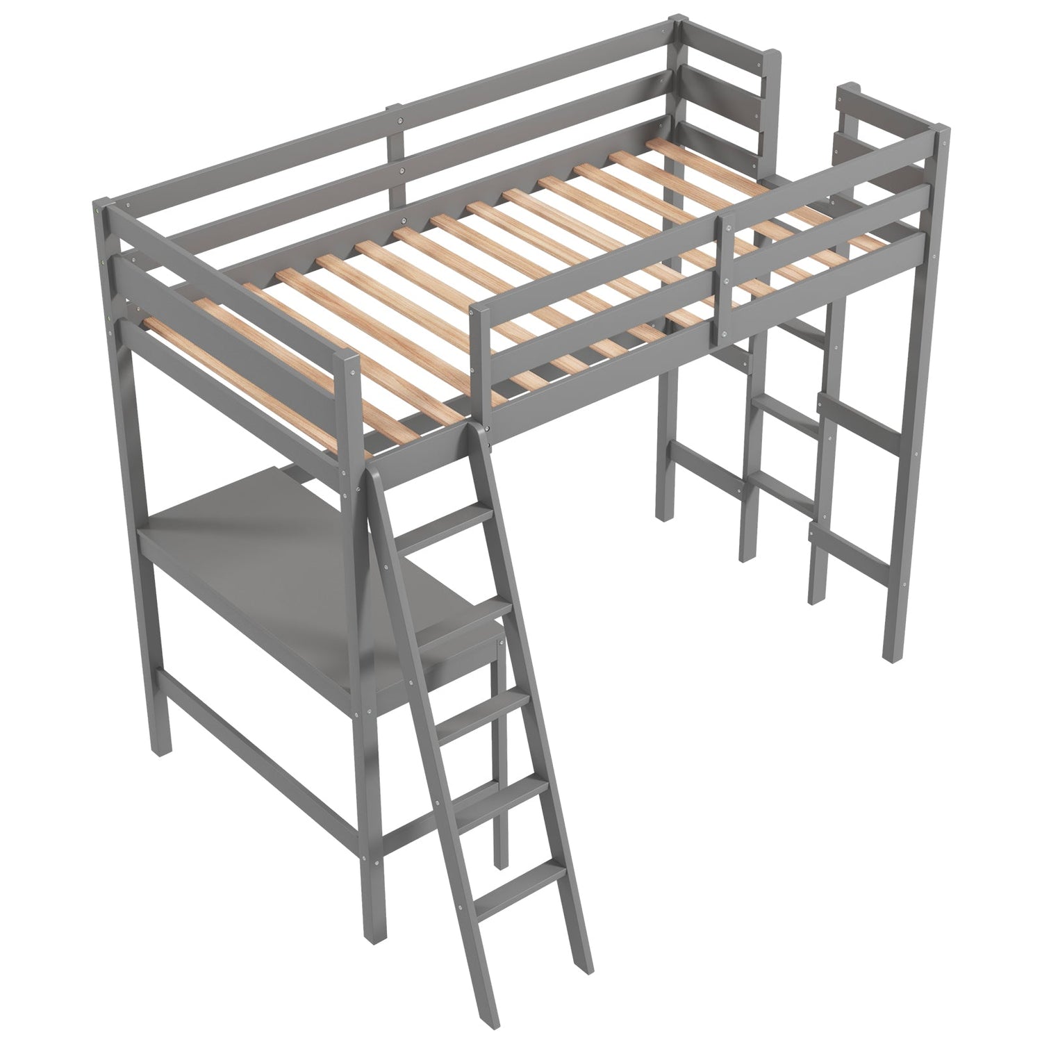 Estructura de cama alta individual con escritorio en ángulo y escalera incorporada