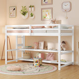 Cama alta individual con estantes de almacenamiento, barandillas de longitud completa y escalera - Blanca