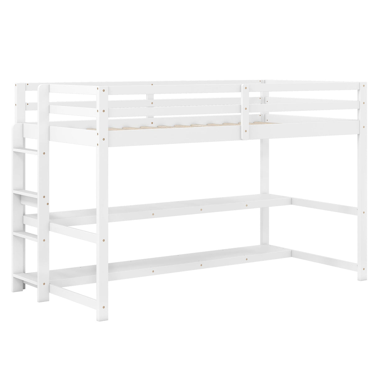 Cama alta individual con estantes de almacenamiento, barandillas de longitud completa y escalera - Blanca