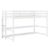 Cama alta individual con estantes de almacenamiento, barandillas de longitud completa y escalera - Blanca