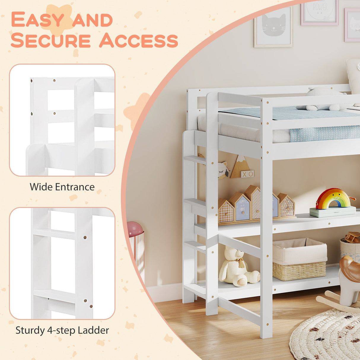 Cama alta individual con estantes de almacenamiento, barandillas de longitud completa y escalera - Blanca