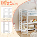 Cama alta individual con estantes de almacenamiento, barandillas de longitud completa y escalera - Blanca