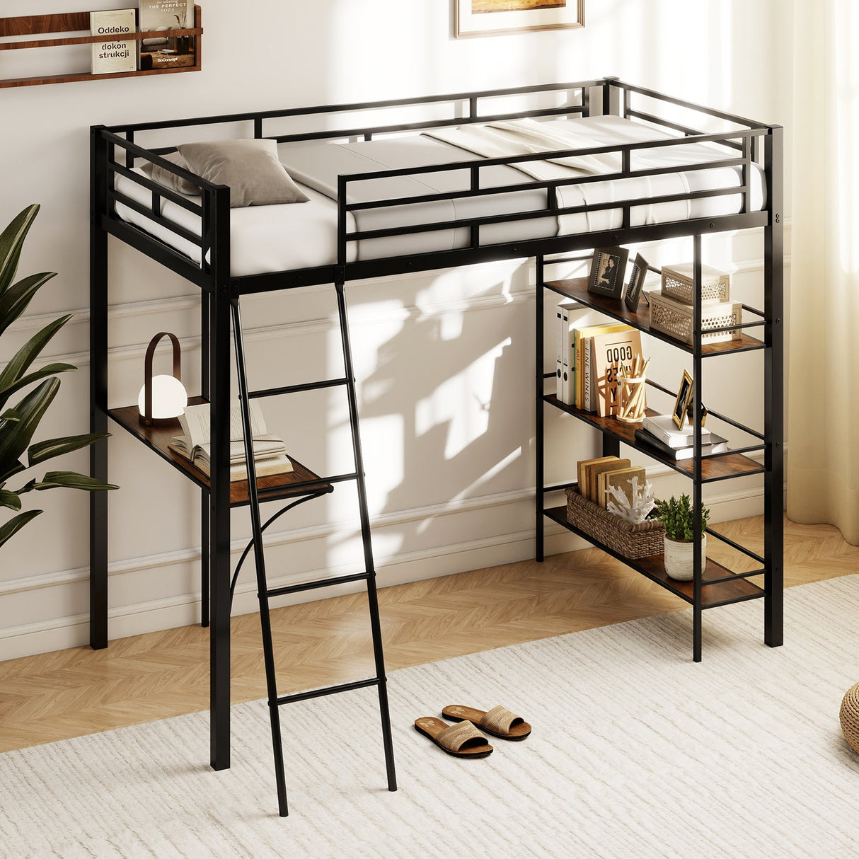 Cama alta individual con escritorio y estantes para niños y el hogar - Negra