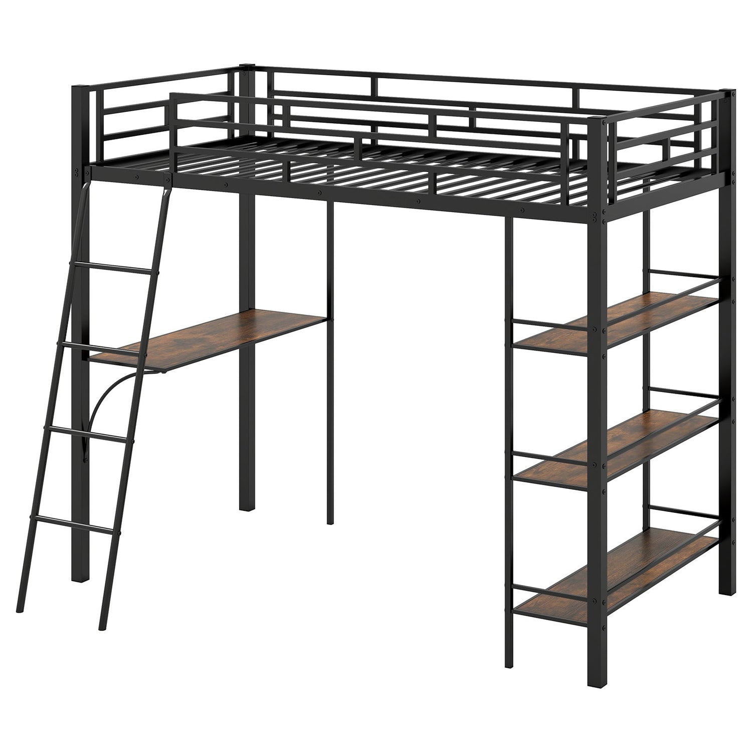 Cama alta individual con escritorio y estantes para niños y el hogar - Negra