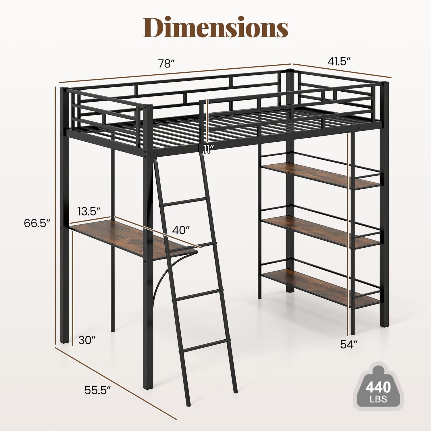 Cama alta individual con escritorio y estantes para niños y el hogar - Negra