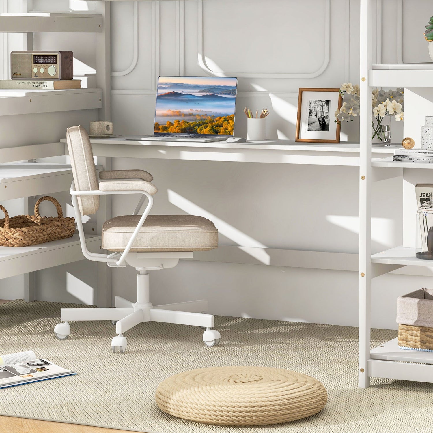 Twin Size Loft Bed with Desk and Storage Stairs Loft Bed Frame with Shelves and Safety Guardrails-White