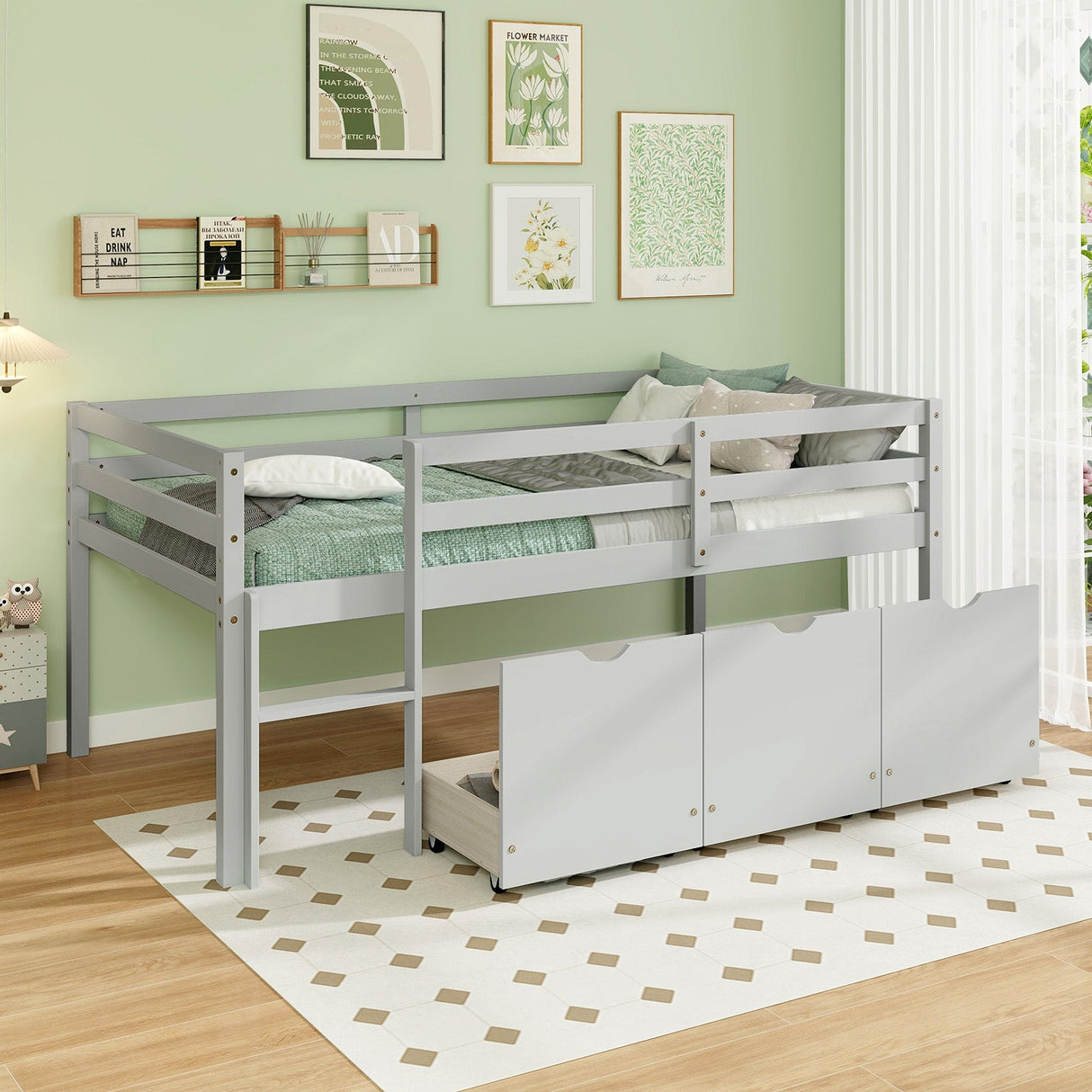 Cama baja tipo loft individual con 3 cajones, escalera y barandales de seguridad de longitud completa