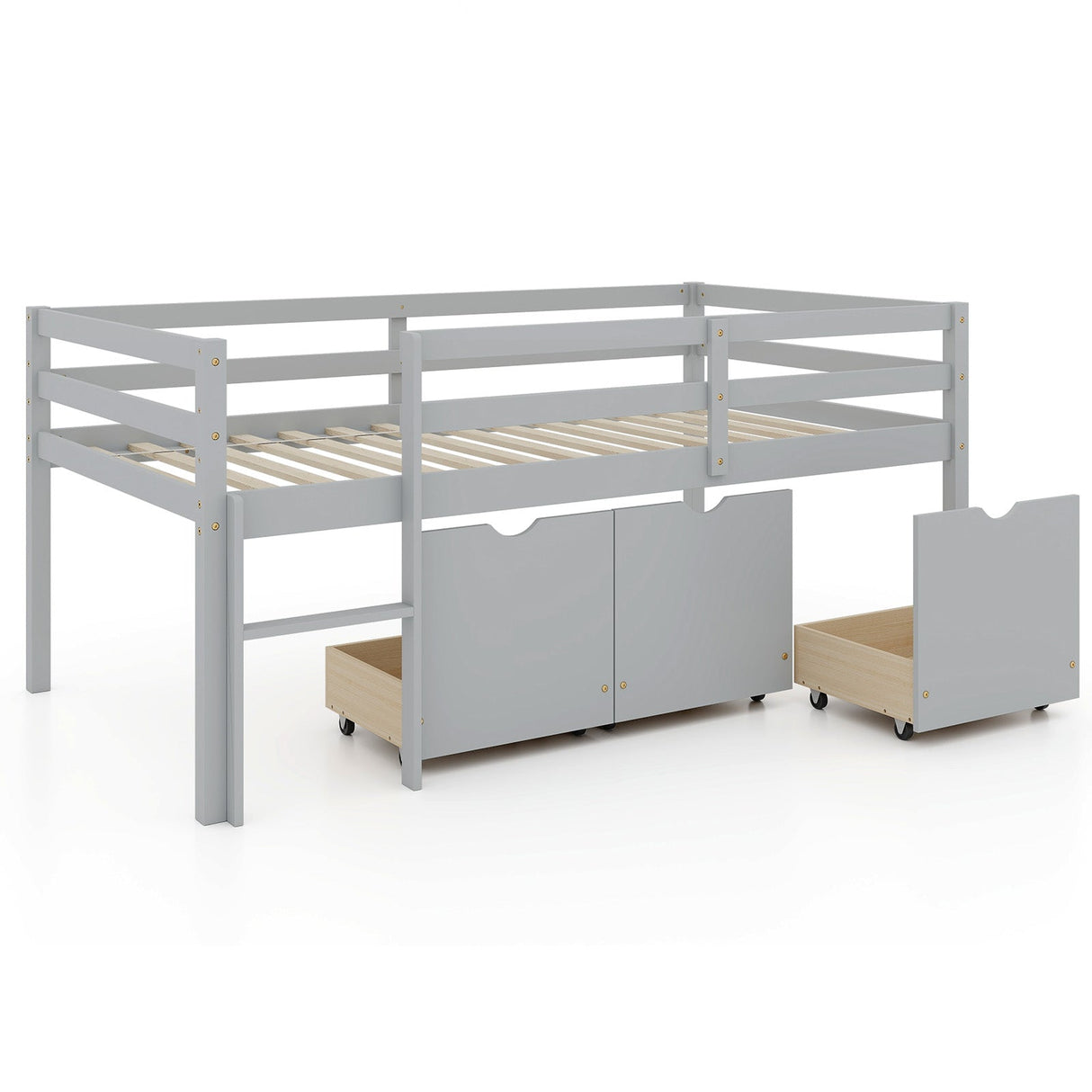 Cama baja tipo loft individual con 3 cajones, escalera y barandales de seguridad de longitud completa