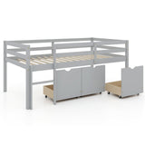 Cama baja tipo loft individual con 3 cajones, escalera y barandales de seguridad de longitud completa