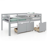 Cama baja tipo loft individual con 3 cajones, escalera y barandales de seguridad de longitud completa
