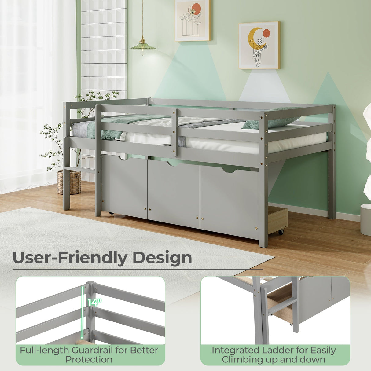 Cama baja tipo loft individual con 3 cajones, escalera y barandales de seguridad de longitud completa