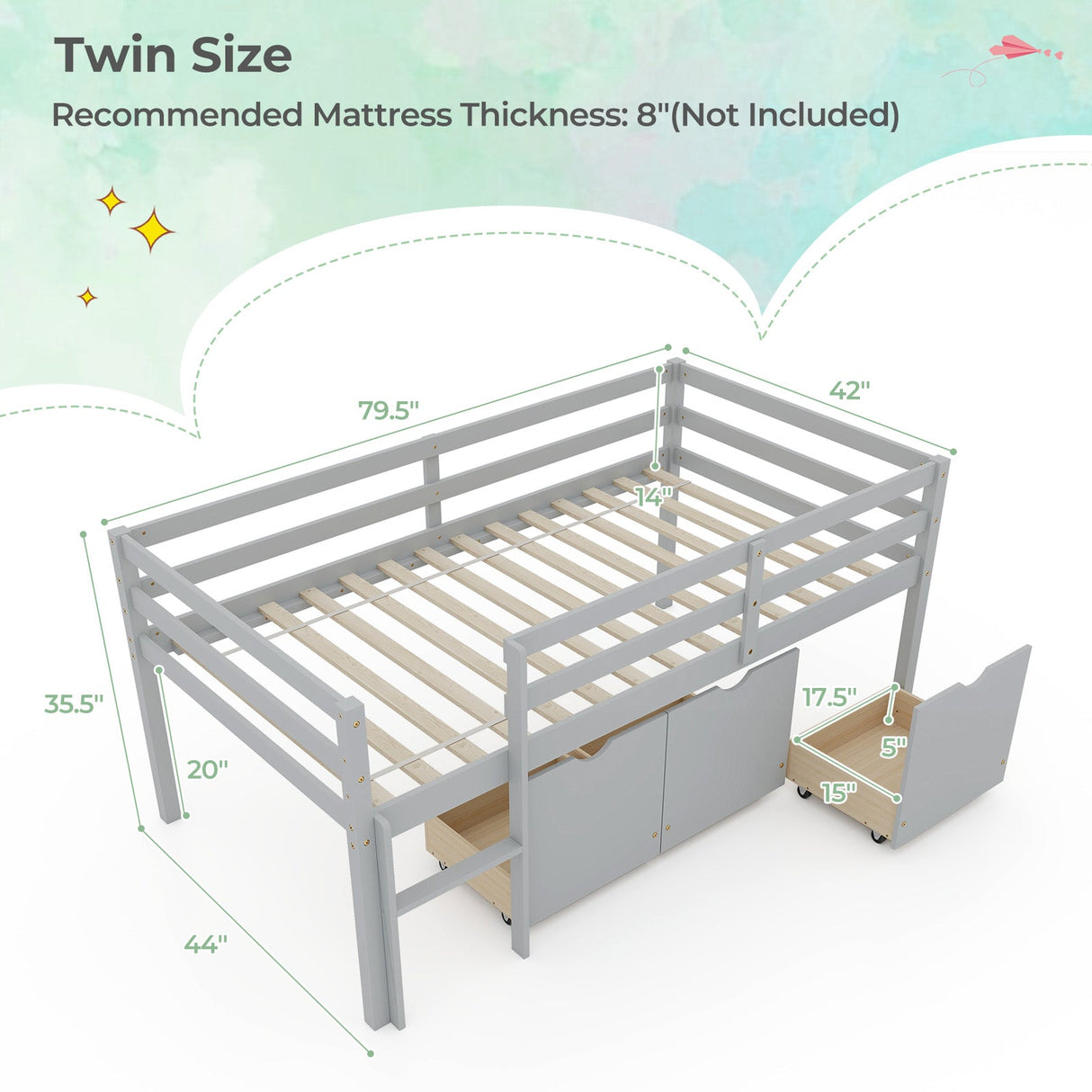 Cama baja tipo loft individual con 3 cajones, escalera y barandales de seguridad de longitud completa