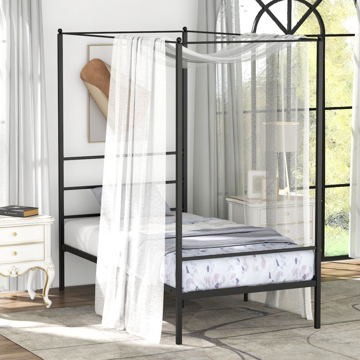 Base de cama con dosel de metal Twin/Full/Queen con soporte de listones