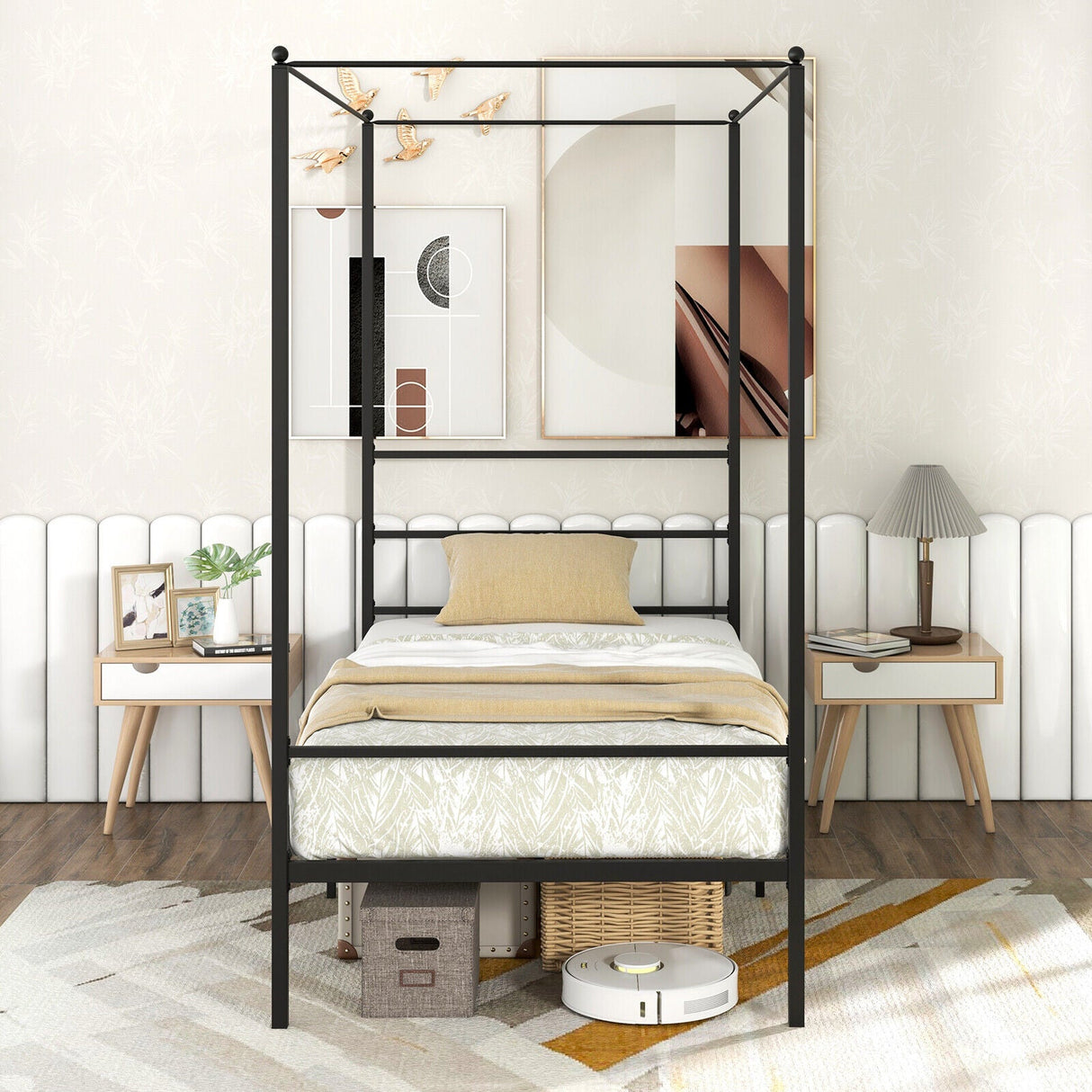 Base de cama con dosel de metal Twin/Full/Queen con soporte de listones