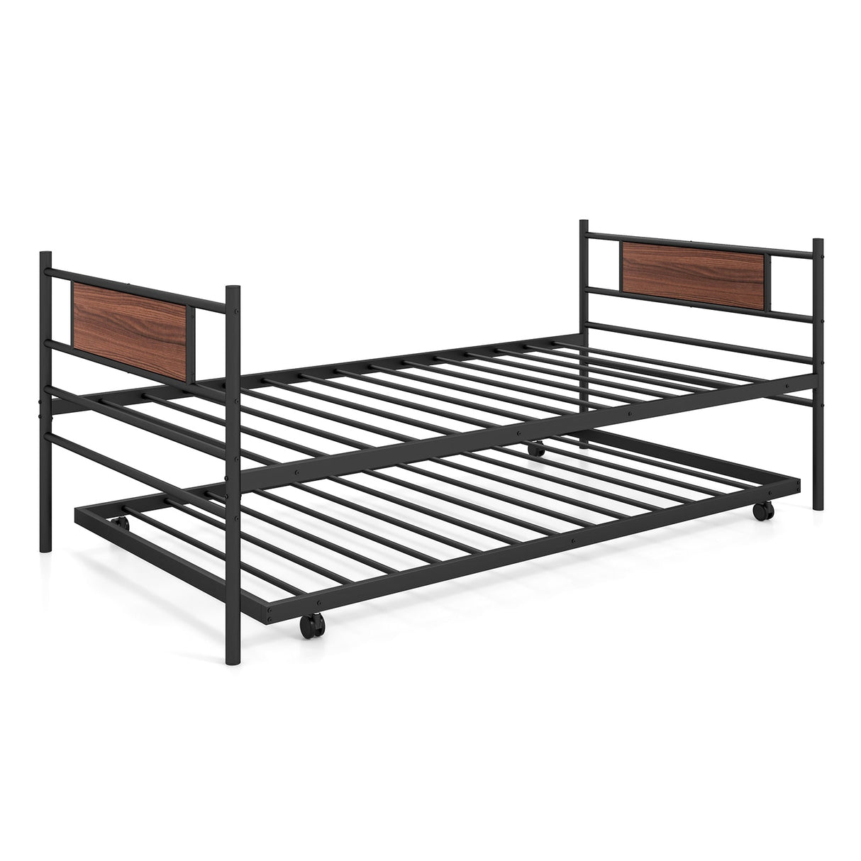 Sofá cama individual de metal con nido y cabecero de vetas de madera