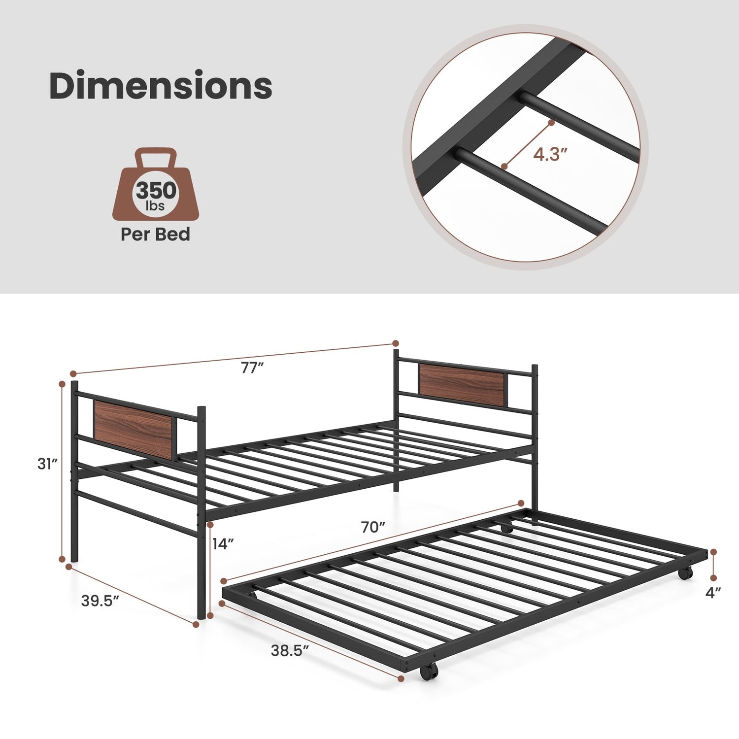 Sofá cama individual de metal con nido y cabecero de vetas de madera
