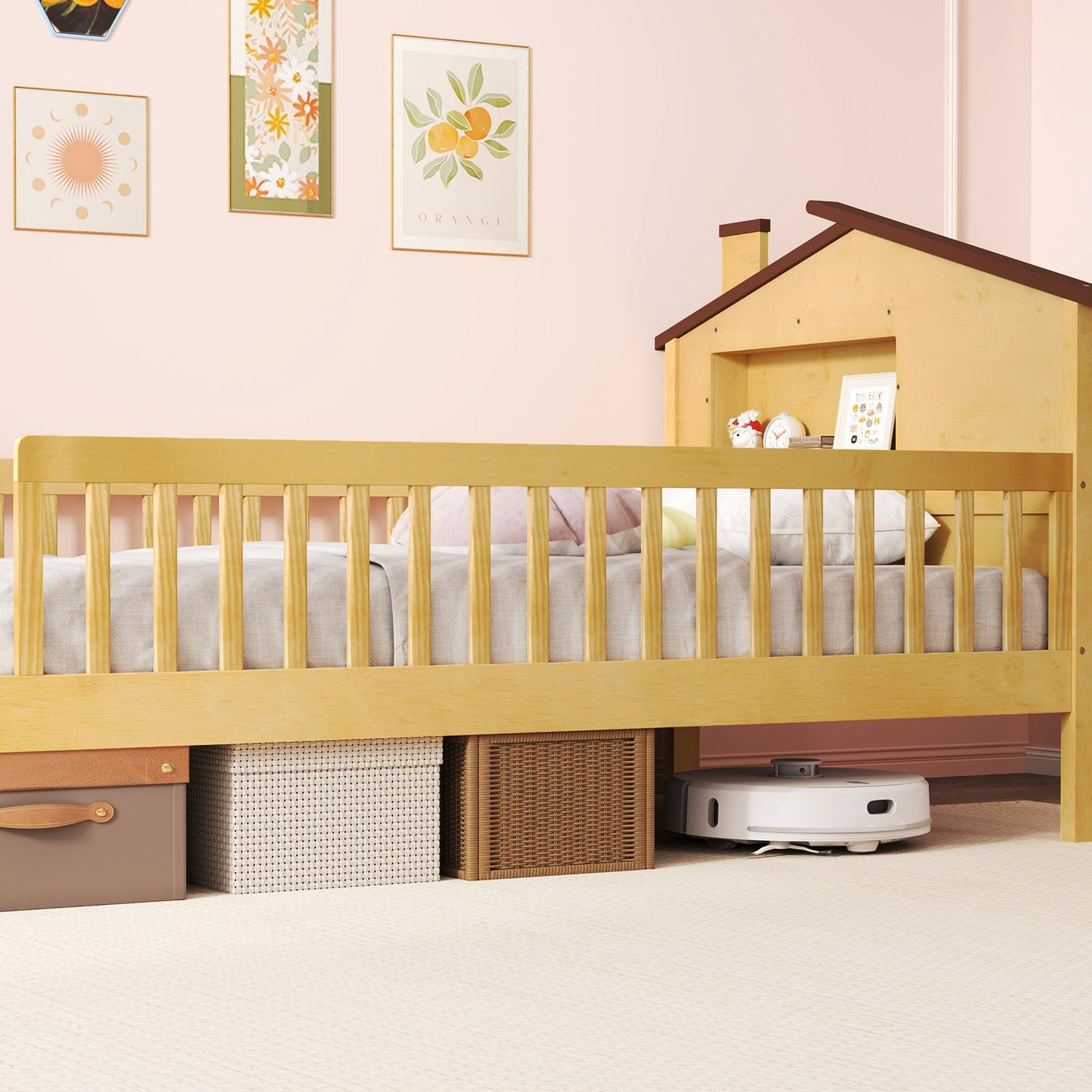 Twin Size Kids Montessori Bed with House-Shaped Headboard and Built-in Storage Shelf