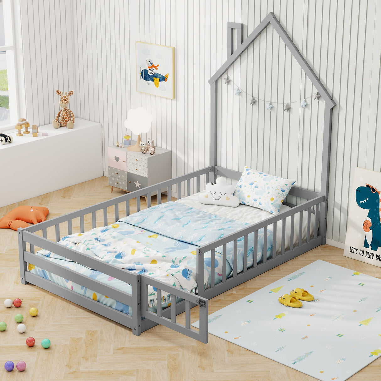 Cama de suelo Montessori individual con puerta con cerradura y barandilla de longitud completa