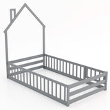 Cama de suelo Montessori individual con puerta con cerradura y barandilla de longitud completa