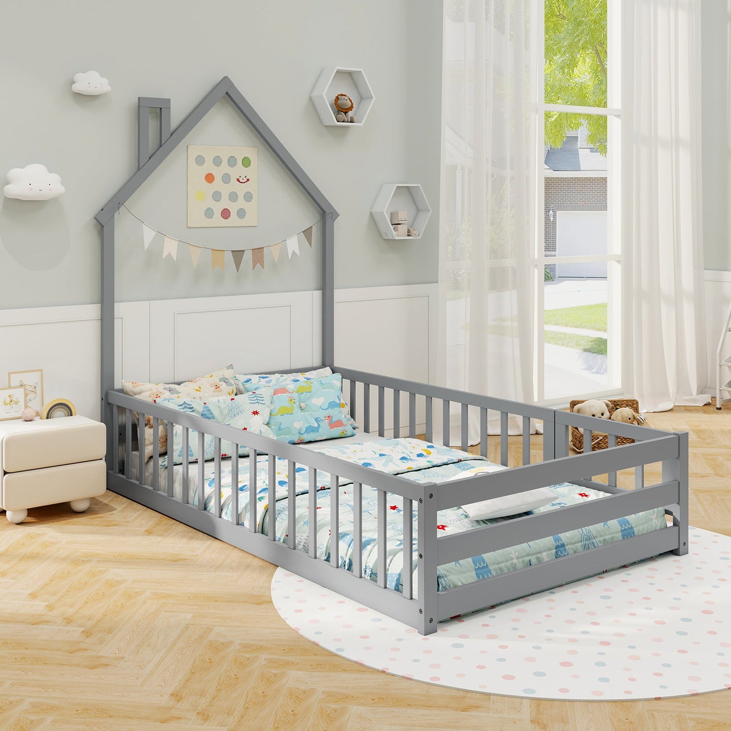 Cama de suelo Montessori individual con puerta con cerradura y barandilla de longitud completa