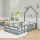 Cama de suelo Montessori individual con puerta con cerradura y barandilla de longitud completa