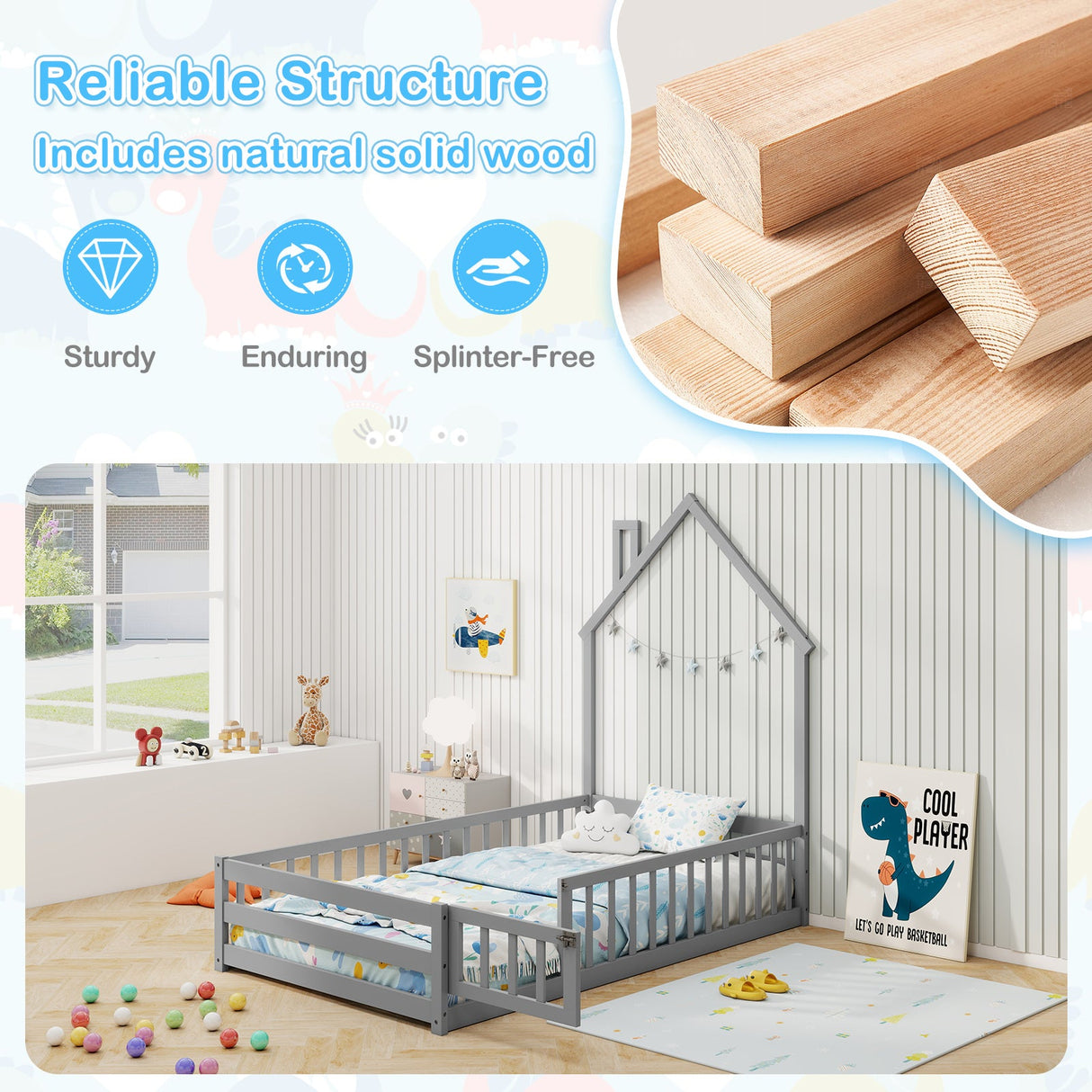 Cama de suelo Montessori individual con puerta con cerradura y barandilla de longitud completa