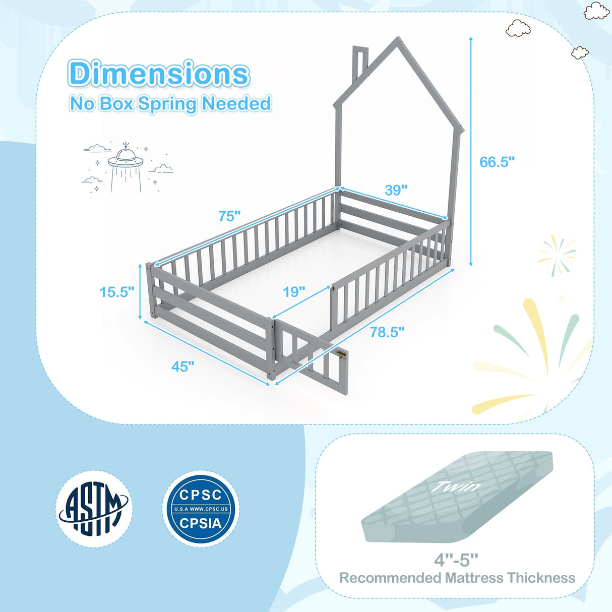 Cama de suelo Montessori individual con puerta con cerradura y barandilla de longitud completa