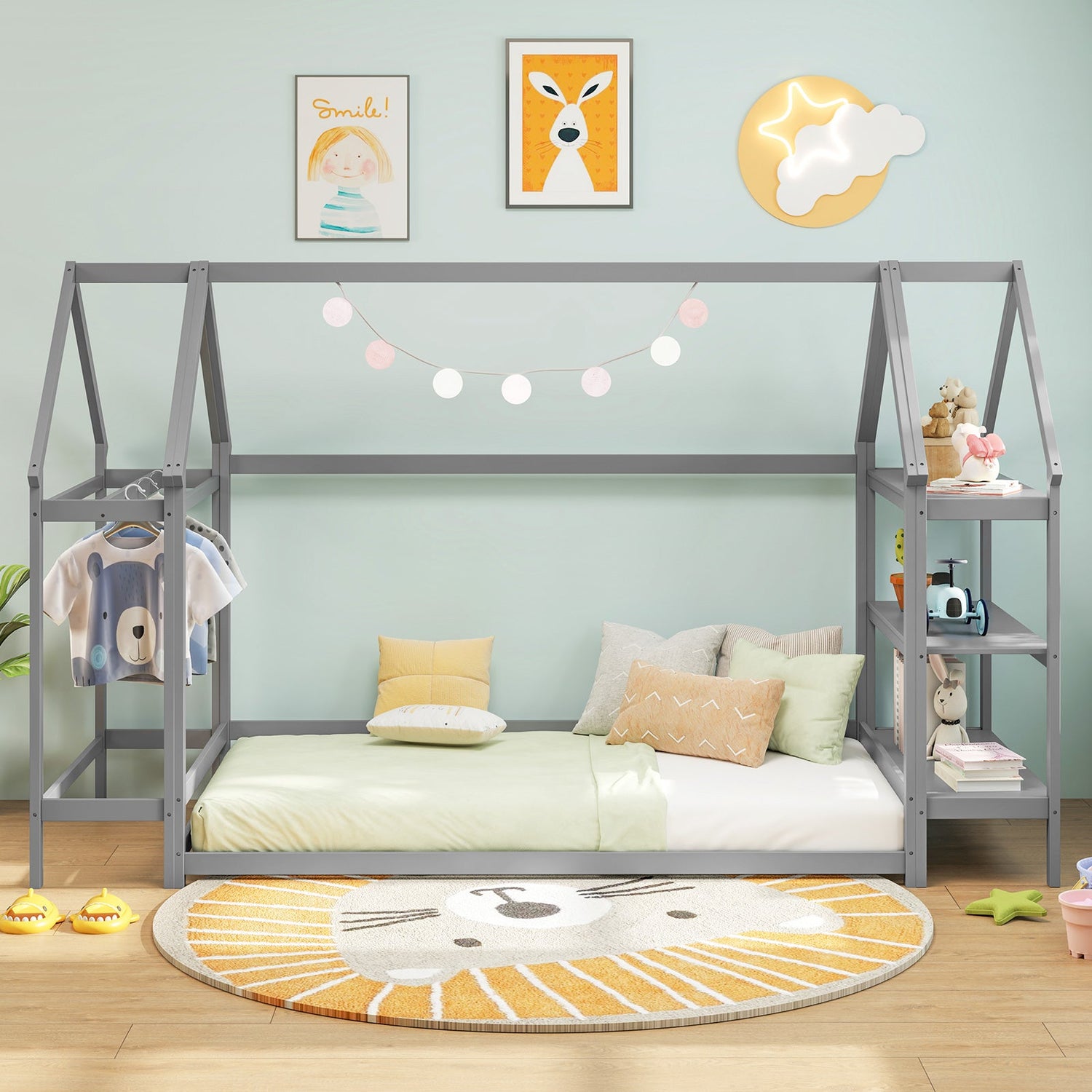 Cama baja Montessori individual con estantes de almacenamiento desmontables