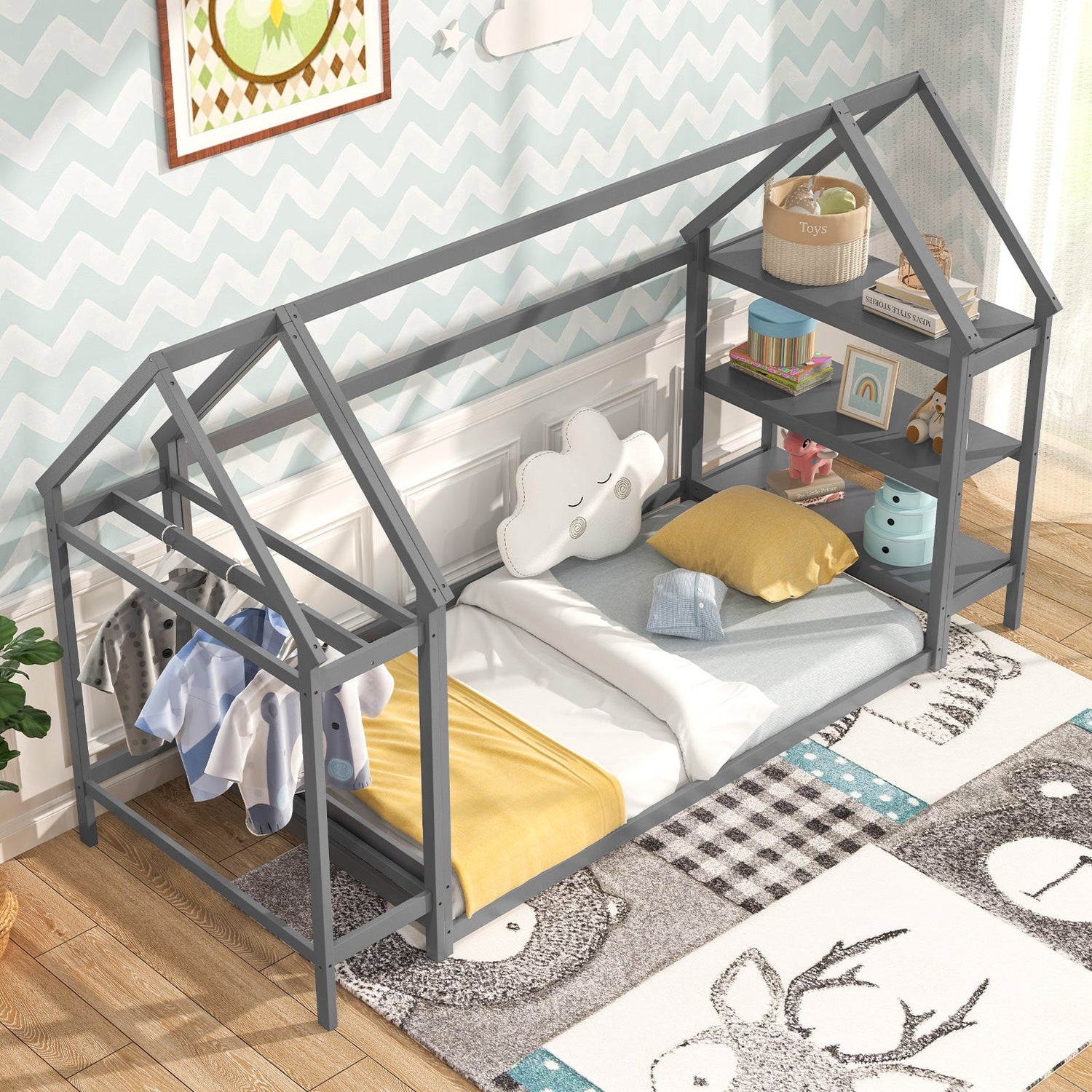 Cama baja Montessori individual con estantes de almacenamiento desmontables