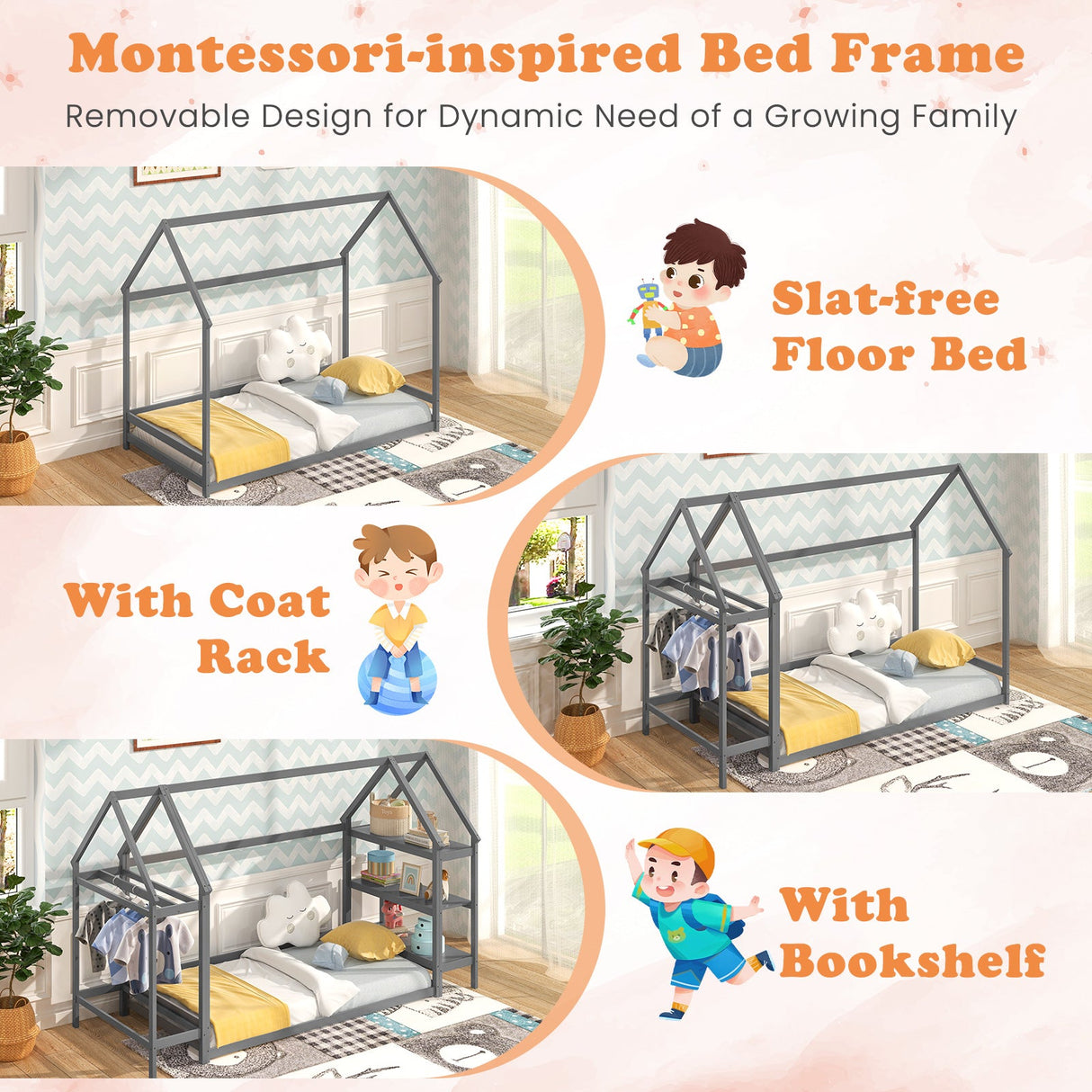 Cama baja Montessori individual con estantes de almacenamiento desmontables