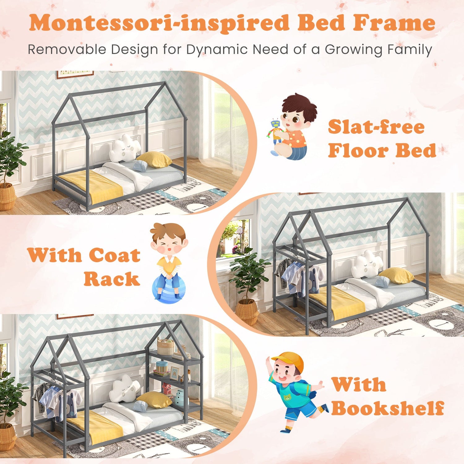 Cama baja Montessori individual con estantes de almacenamiento desmontables