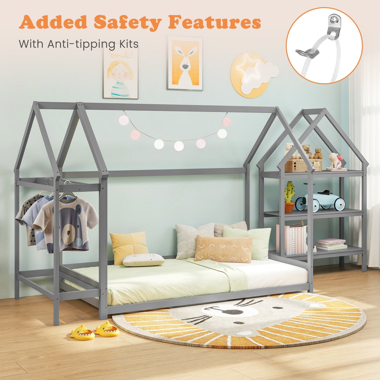 Cama baja Montessori individual con estantes de almacenamiento desmontables