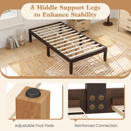 Base de cama de plataforma doble de madera de 14 pulgadas con soporte de listones de madera