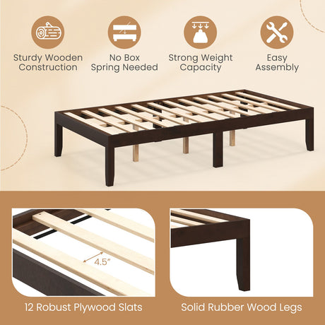 Base de cama de plataforma doble de madera de 14 pulgadas con soporte de listones de madera