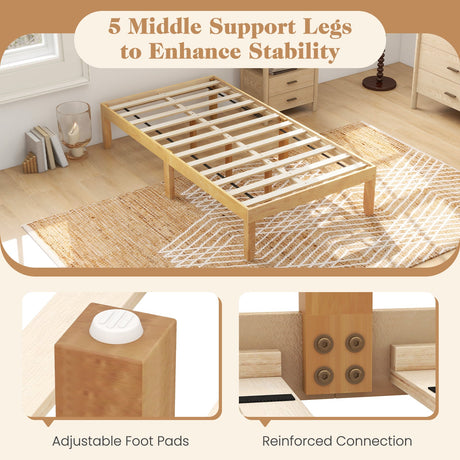 Base de cama de plataforma doble de madera de 14 pulgadas con soporte de listones de madera