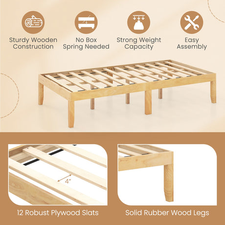 Base de cama de plataforma doble de madera de 14 pulgadas con soporte de listones de madera
