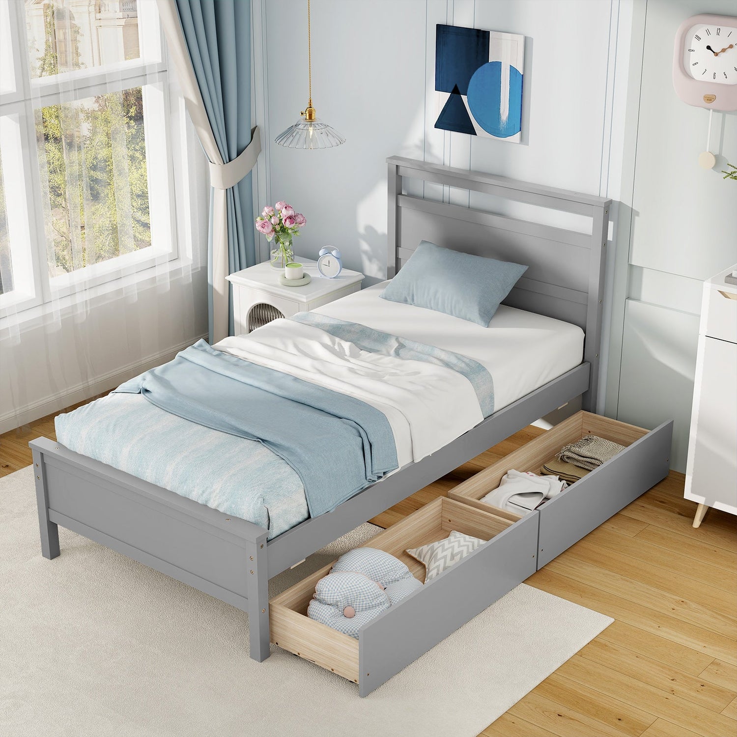 Marco de Cama Individual de Madera con 2 Cajones para Adolescentes y Adultos