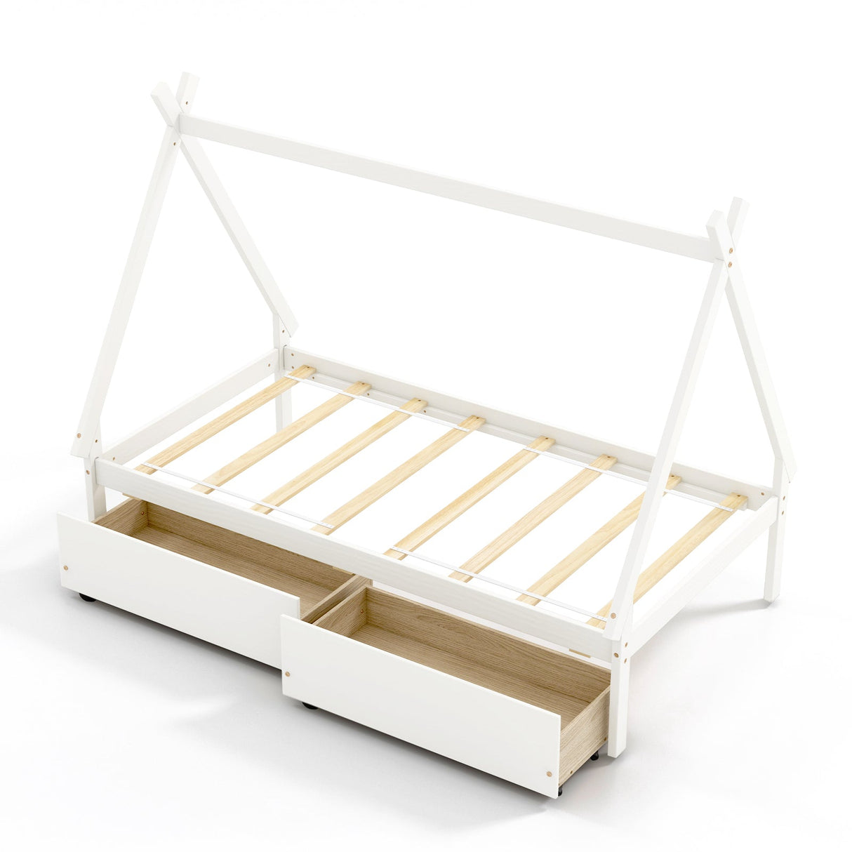 Cama de madera tipo casa de campaña de tamaño individual con 2 cajones