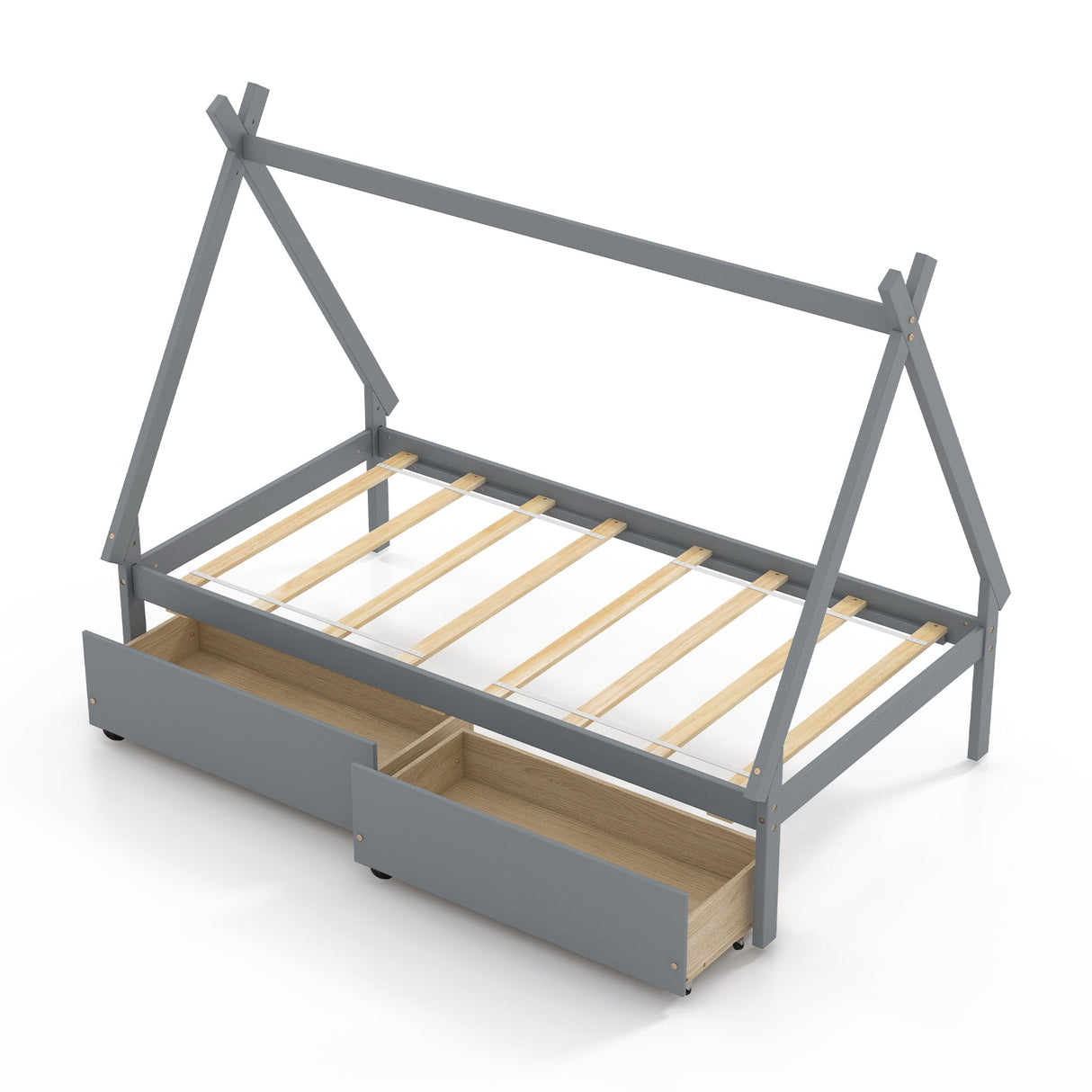 Cama de madera tipo casa de campaña de tamaño individual con 2 cajones