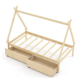 Cama de madera tipo casa de campaña de tamaño individual con 2 cajones
