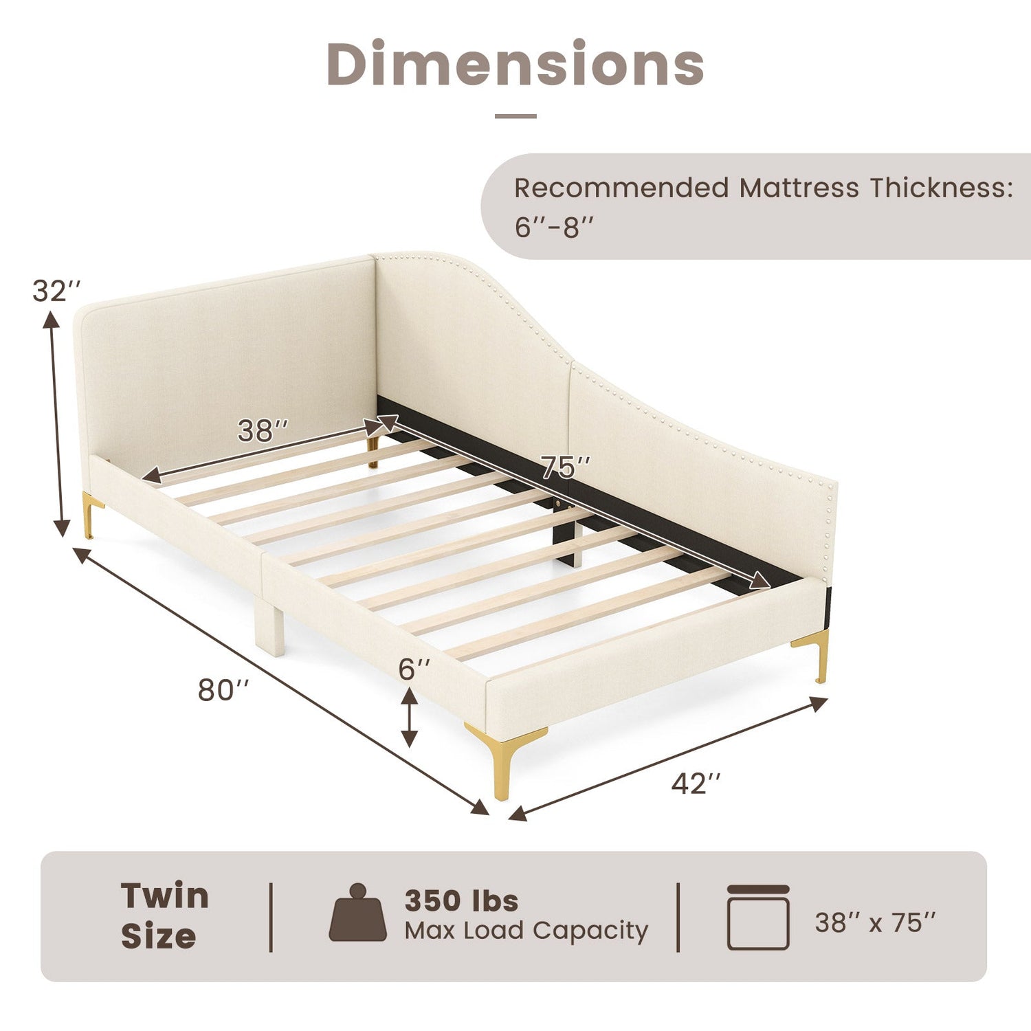 Full/Twin Size Upholstered Daybed with Metal Legs and Wood Slats