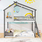 Twin over Twin House Bunk Bed with Roof and Guardrails for Kids-White & Gray