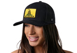 Dont Tread On Me Trucker Hat  |  Black Gadsden Flag Yellow Snapback