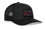Thin Red and Blue Line Trucker Hat  |  Black Police And Fire Tactical Snapback