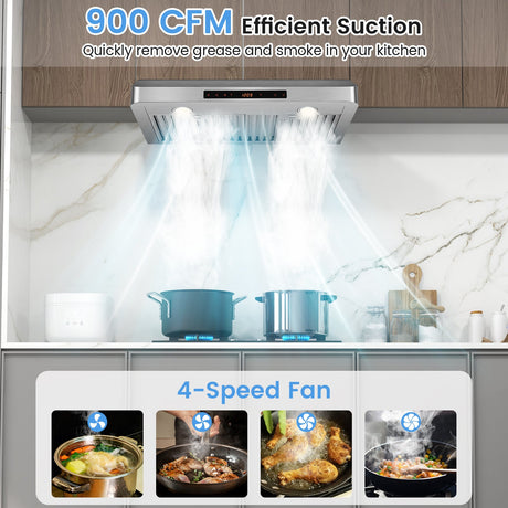 Campana extractora de 35.5/29.5 pulgadas para debajo del gabinete, 900 CFM, ventilación de cocina con 4 velocidades de ventilador