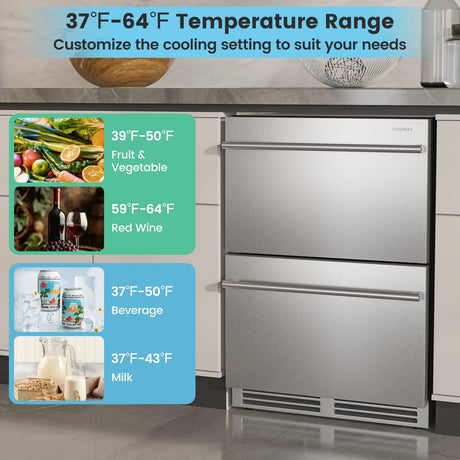 Frigorífico bajo encimera de 24 pulgadas con dos cajones y rango de temperatura de 37°F a 64°F - Plata