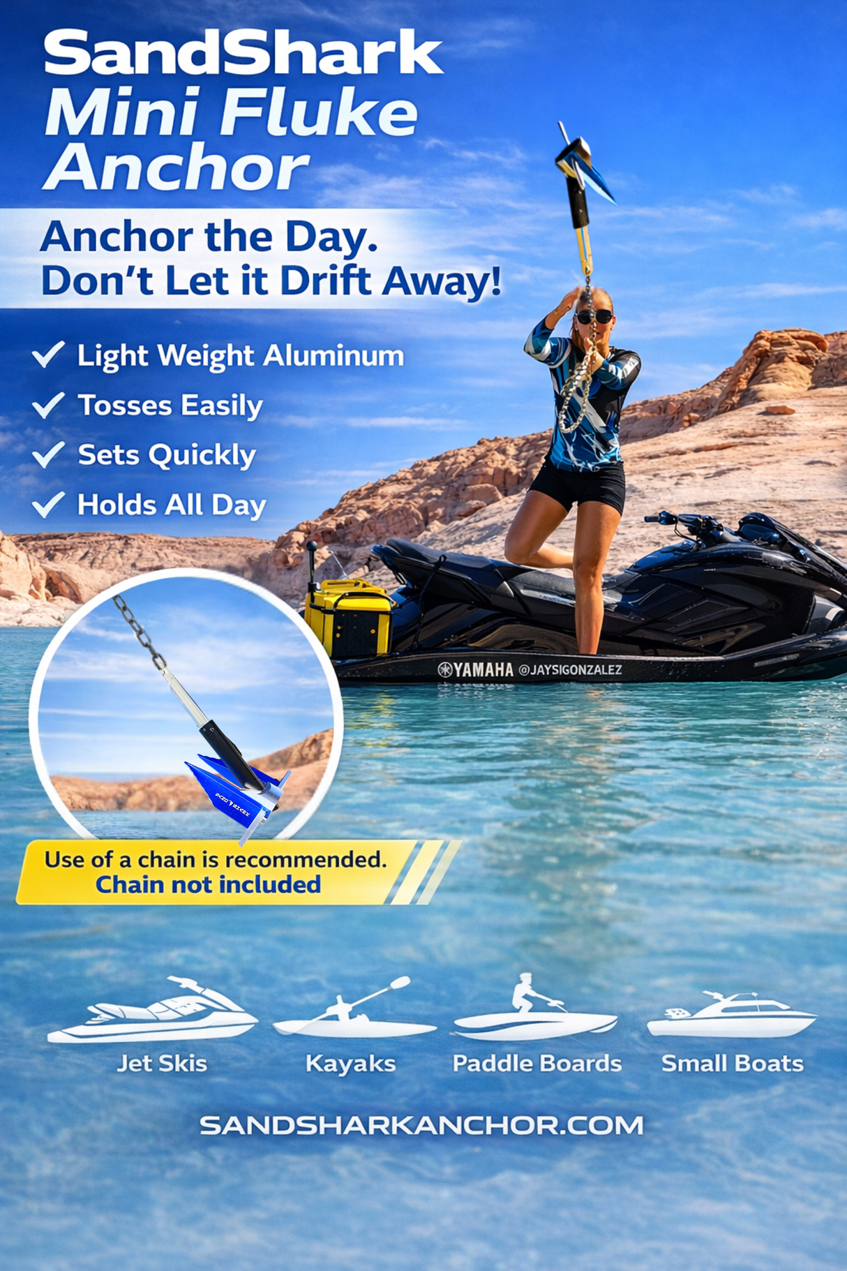 Ancla Fluke Mini – Ancla Compacta y Potente para Motos Acuáticas, Kayaks y Barcos Pequeños (Ancla, Cuerda, Estuche)
