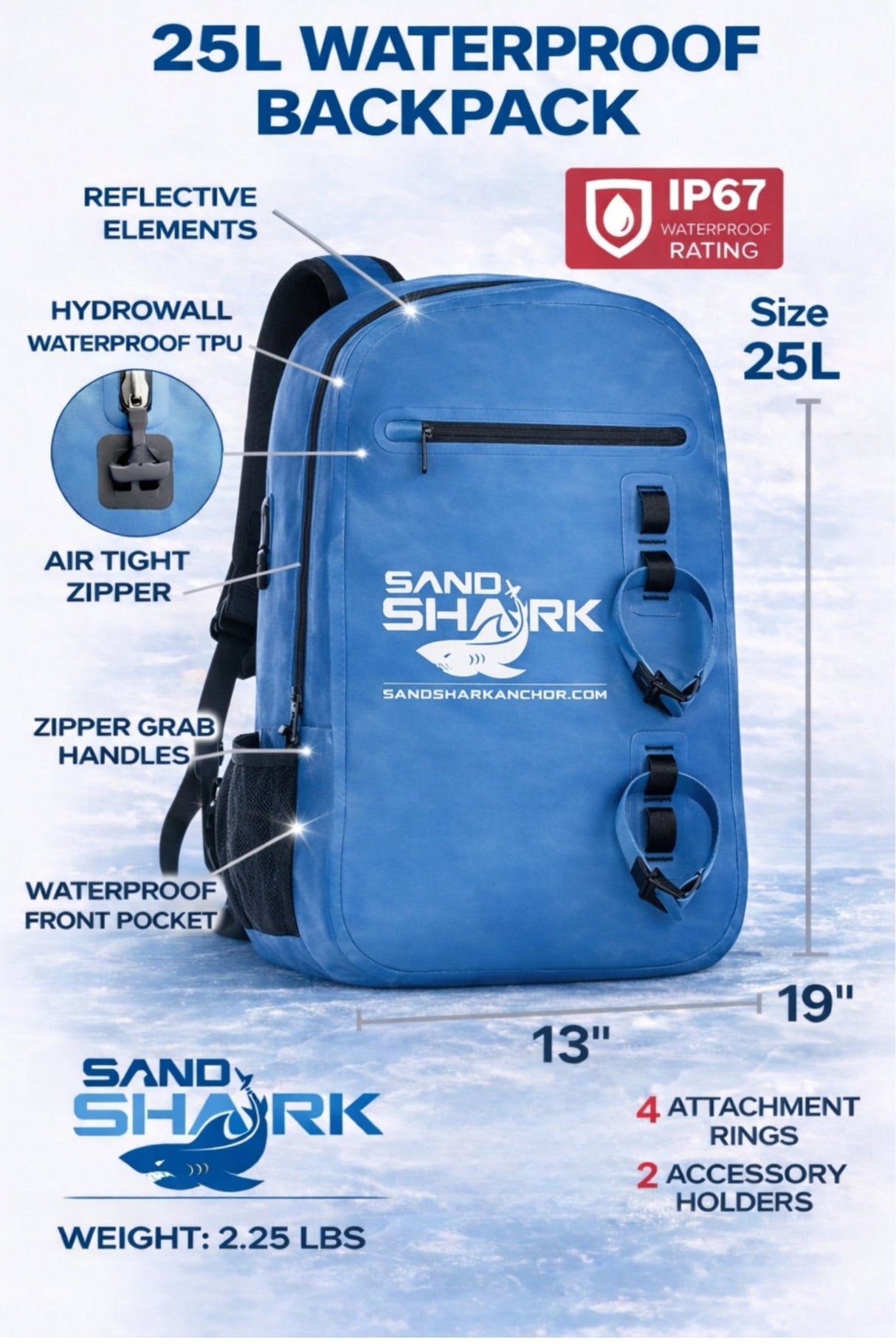 Mochila Impermeable SandShark 25L – Mochila Sumergible IP67 con Cremallera Hermética, Carcasa de TPU, Funda para Portátil – Bolsa Seca Impermeable para Navegación, Playa, Natación, Viajes y Deportes Acuáticos