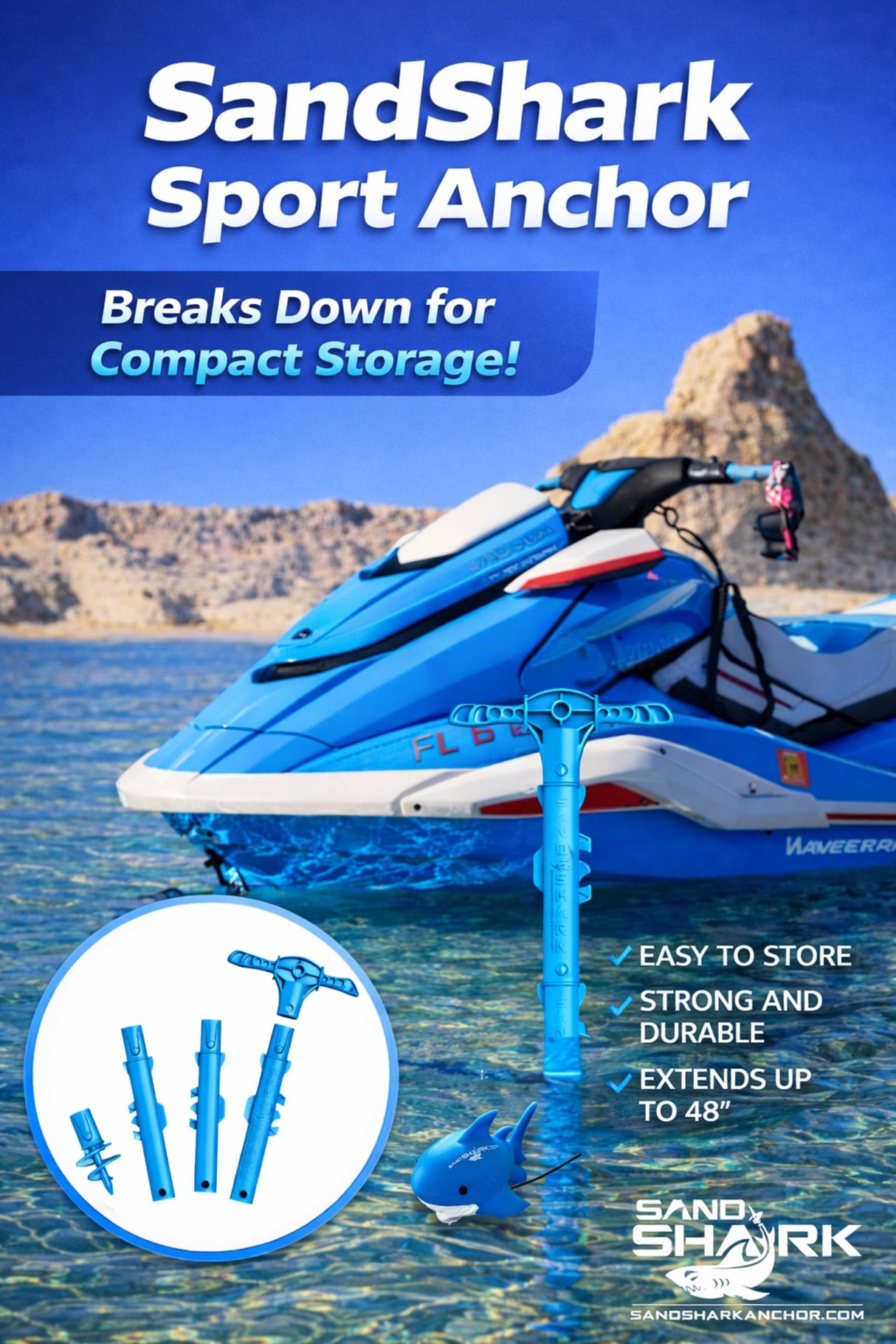 Sport Anchor with Carrying Case- Shallow Water Anchor Pole for Boats and PWC. Easy Storage, High-Strength ABS (4' tall)